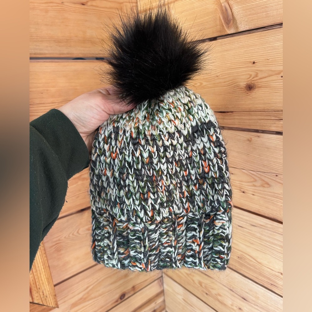 Stylish‎ Multicolor Knit Beanie with Black Pom-Pom